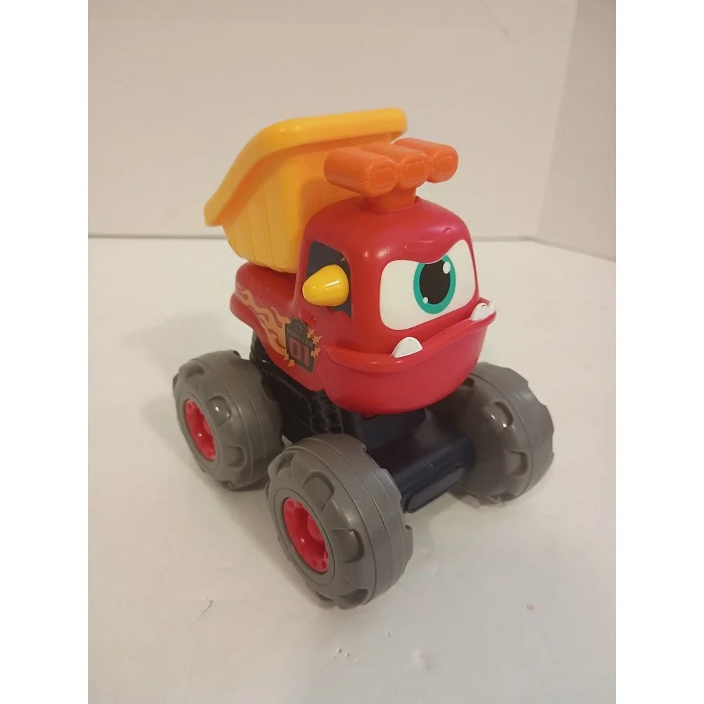 Monster 01 Red Dump Truck Toy One Eyed Monster Flame Decal Yellow Tilt Bed